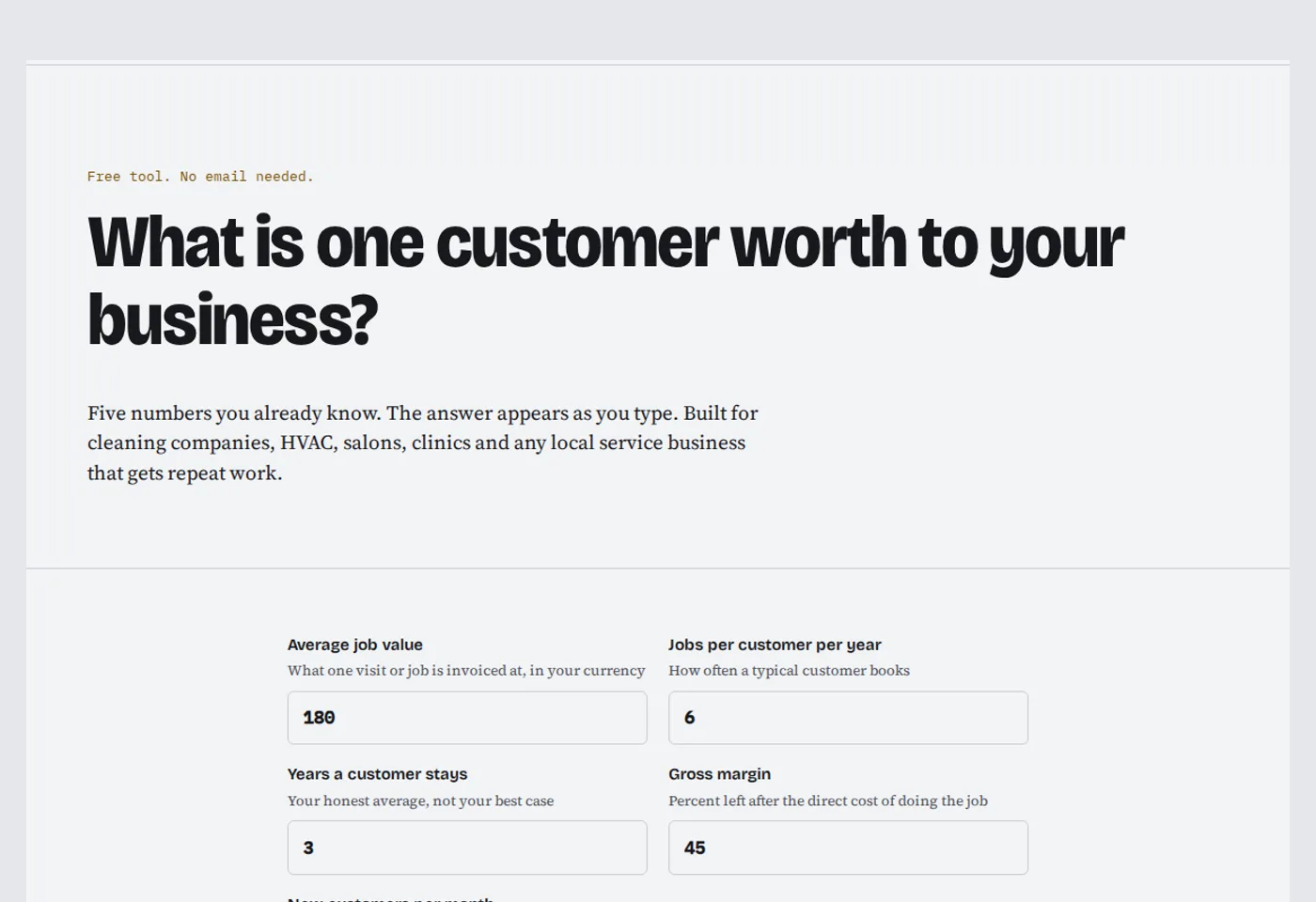The customer lifetime value calculator page with five inputs and a dark result panel