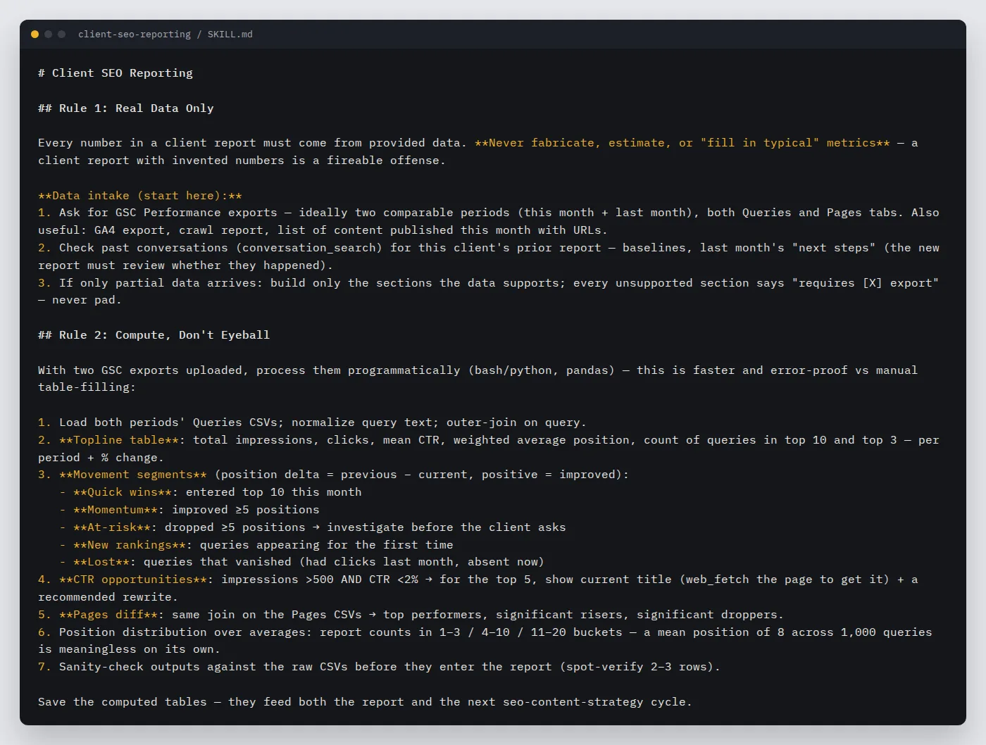 The first thirty lines of the client-seo-reporting SKILL.md file: Rule 1 real data only, Rule 2 compute, do not eyeball