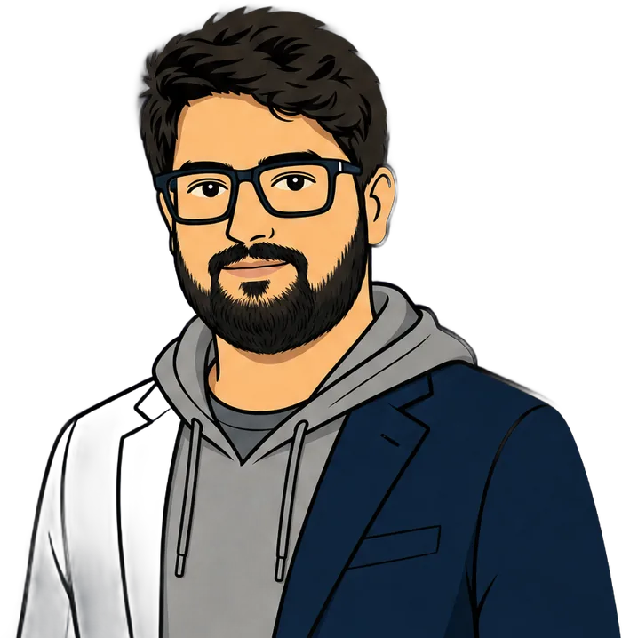 Illustrated Farhan in a blazer over a hoodie