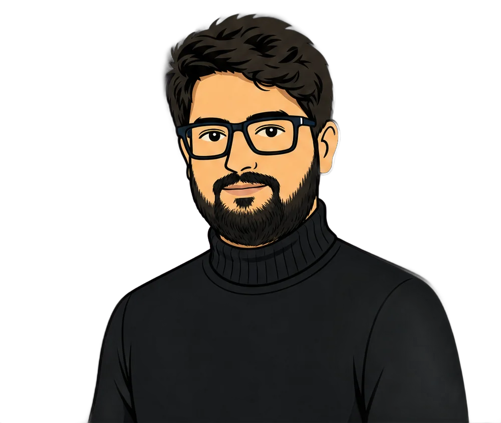 Illustration of Farhan Arshad in a black turtleneck and glasses