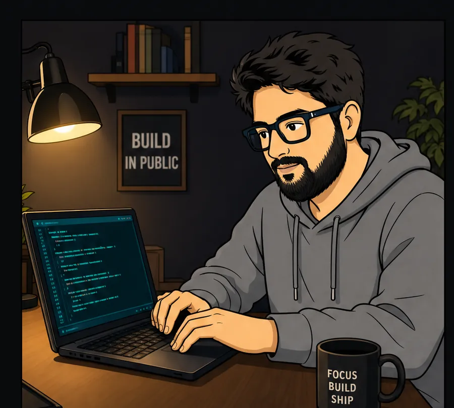 Illustration of Farhan at his desk with code on screen