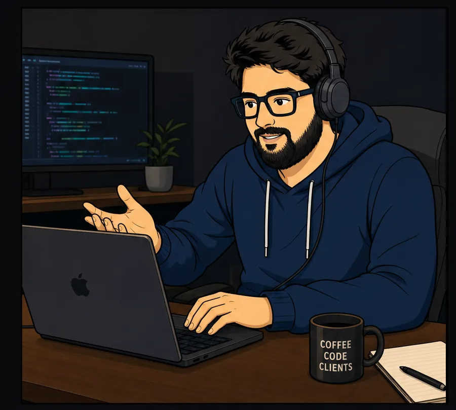 Illustration of Farhan writing at his desk
