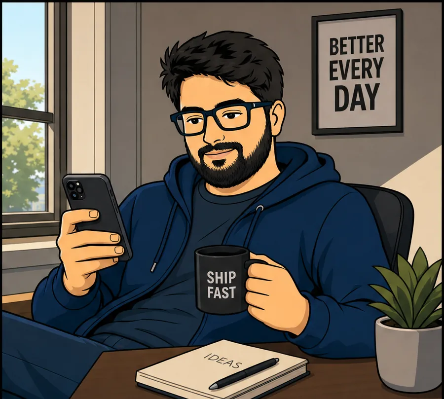 Illustration of Farhan checking his phone at his desk