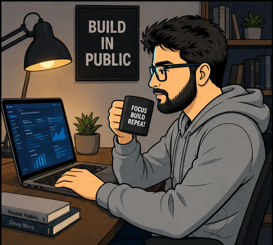 Farhan working at a laptop under a desk lamp