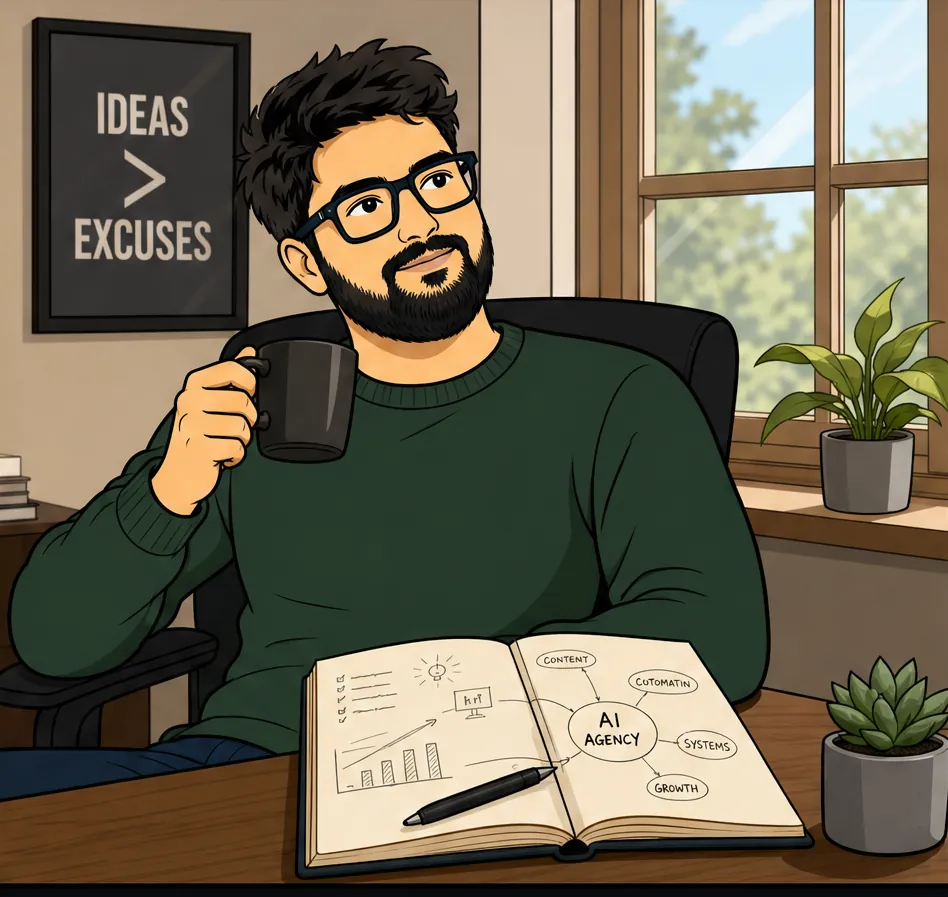 Illustration of Farhan at his desk with a coffee and a notebook of ideas