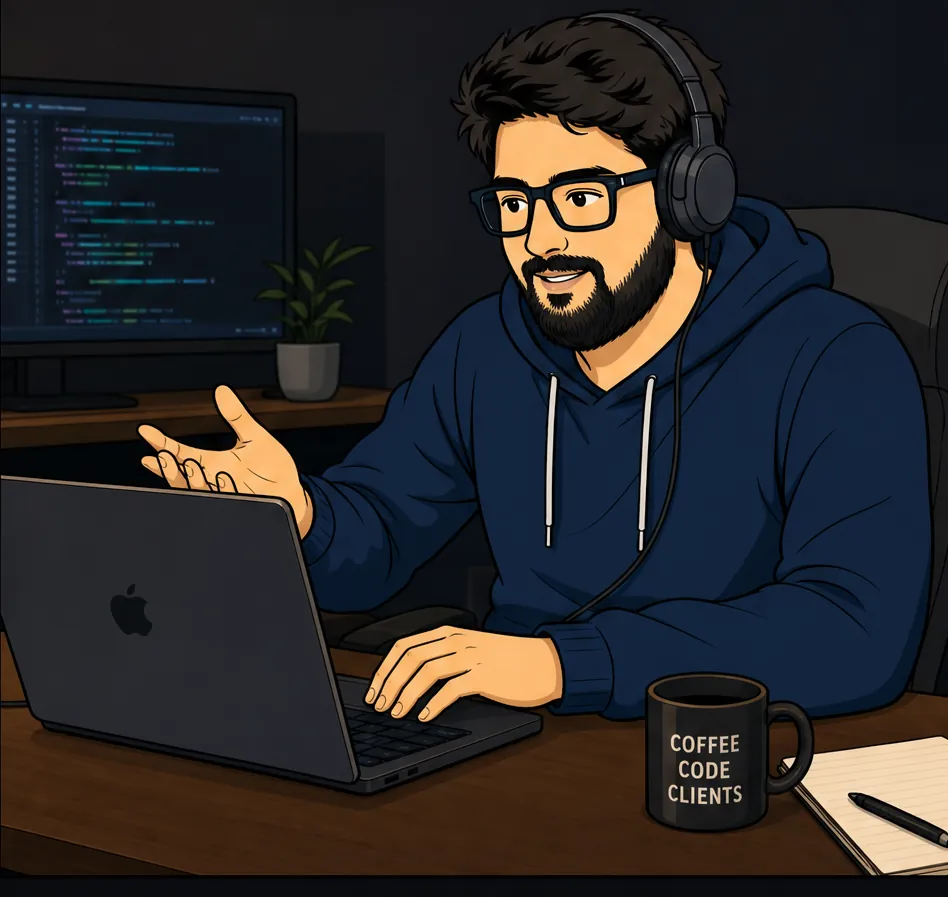 Illustration of Farhan on a call with headphones, laptop open